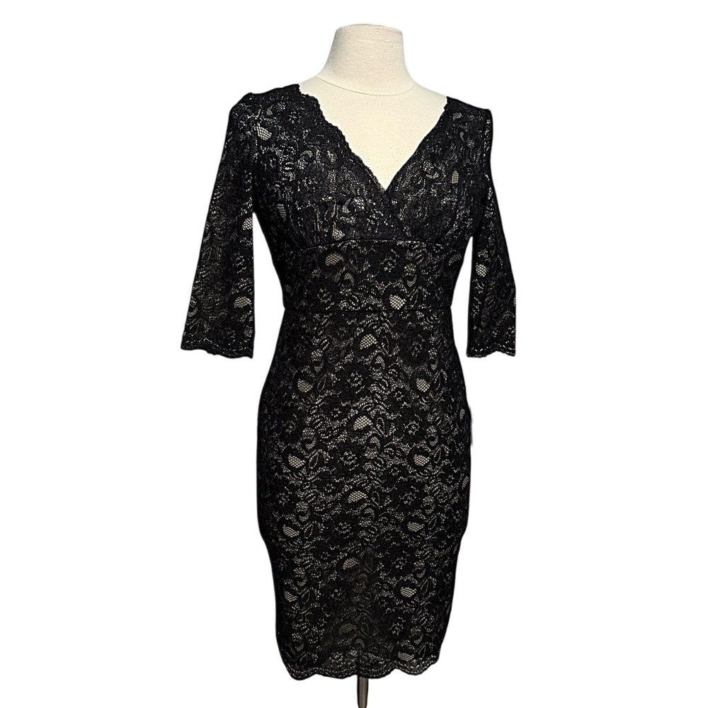 Adrianna Papell Black Lace Lined 3/4 Sleeve Cocktail Dress Petite Size 2 NWT
